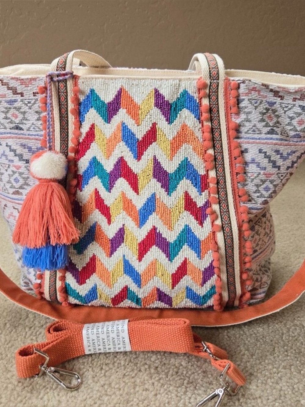 NWOT America & Beyond Beaded Embellished Embroidered Chevron Tote Bag